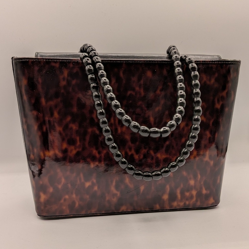 Vtg 90s Stuart Weitzman $395 Tortoiseshell Patent Shoulder Bag Beaded Strap